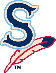 Logo for the Spokane Indians: a stylized "S" in shades of blue and a red white and blue feather